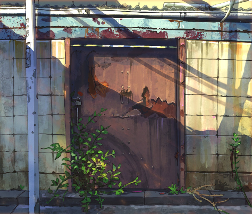 corrugated_galvanized_iron_sheet, dappled_sunlight, day, entrance, highres, morning, no_humans, original, plant, rust, sanegesan, scenery, shadow, sunlight, sunrise, tile_wall, tiles, vines, weeds