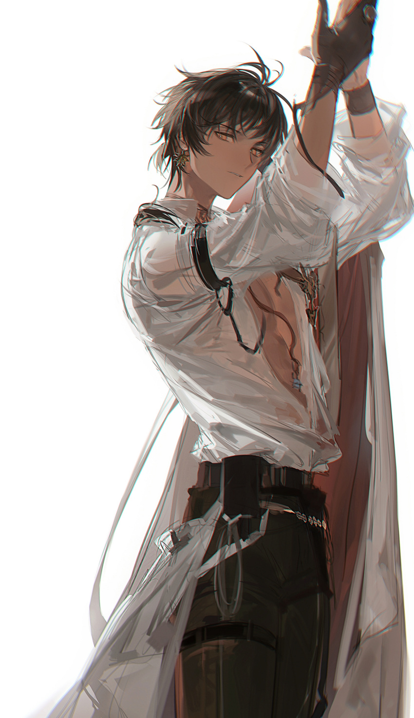 1boy, absurdres, arknights, arms_up, black_gloves, black_hair, black_pants, blouse