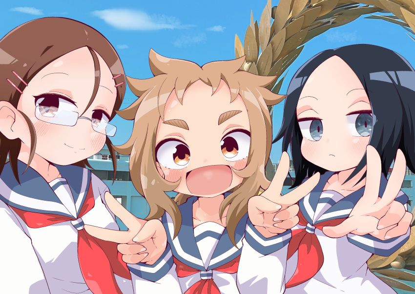 3girls, absurdres, black_eyes, black_hair, blue_sailor_collar, brown_eyes, brown_hair, closed_mouth