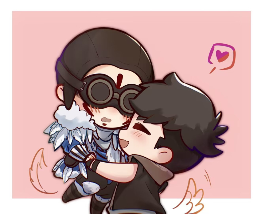 1boy, 1other, ^_^, ambiguous_gender, animification, apex_legends, aviator_cap, black_footwear, black_hair, black_hoodie, black_pants, bloodhound_(apex_legends), blue_shirt, blush, boots, border, brown_hair, brown_hat, chibi, chinese_commentary, closed_eyes, drawn_tail, fuse_(apex_legends), goggles, hat, heart, hood, hoodie, jianye, lifting_person, official_alternate_costume, open_mouth, outside_border, pants, pink_background, shirt, short_hair, sleeveless, sleeveless_hoodie, speech_bubble, undercut, white_border, young_blood_bloodhound