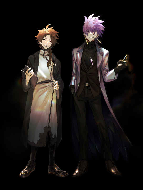 2boys, belt, black_background, black_belt, black_coat, black_footwear, black_gloves, black_pants, black_sweater, braid, brown_footwear, brown_hair, cigarette, clipboard, coat, commentary_request, copyright_request, cosplay, cosplay_request, earrings, feathers, full_body, gloves, grey_coat, grin, hair_over_eyes, hand_in_pocket, hand_on_own_hip, harada_minoru, hokma_(project_moon), hokma_(project_moon)_(cosplay), holding, holding_cigarette, holding_clipboard, jewelry, lobotomy_corporation, long_sleeves, male_focus, multiple_boys, open_clothes, open_coat, pants, project_moon, purple_hair, r2load, red_eyes, saibou_shinkyoku, short_hair, side_braid, single_braid, smile, sweater, theodore_riddle, turtleneck, turtleneck_sweater