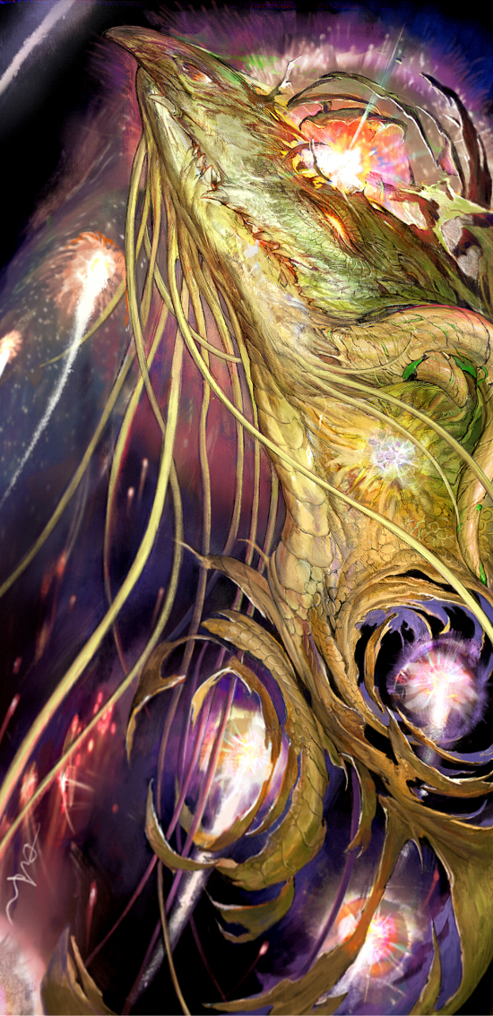 abstract_background, animal_focus, dragon, glowing, glowing_eye, hollow_body, horns, itotani_sairen
