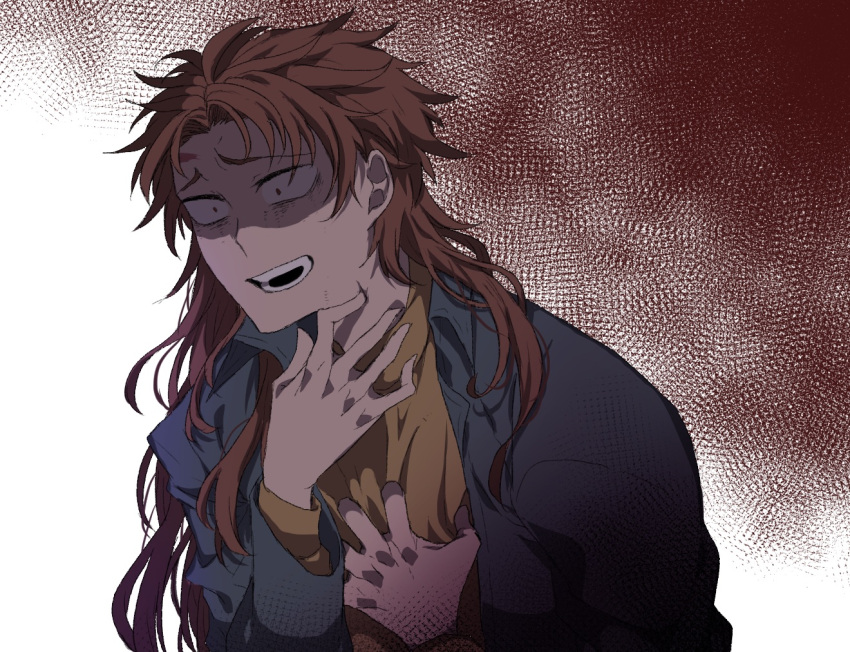 1boy, blue_jacket, brown_hair, clutching_chest, commentary_request, constricted_pupils, crazy_smile, hand_on_own_chest, hand_on_own_neck, harada_minoru, jacket, long_hair, male_focus, open_clothes, open_jacket, open_mouth, parted_bangs, red_eyes, saibou_shinkyoku, scar, scar_on_face, scar_on_forehead, shaded_face, shinonogi, shirt, smile, solo, upper_body, yellow_shirt