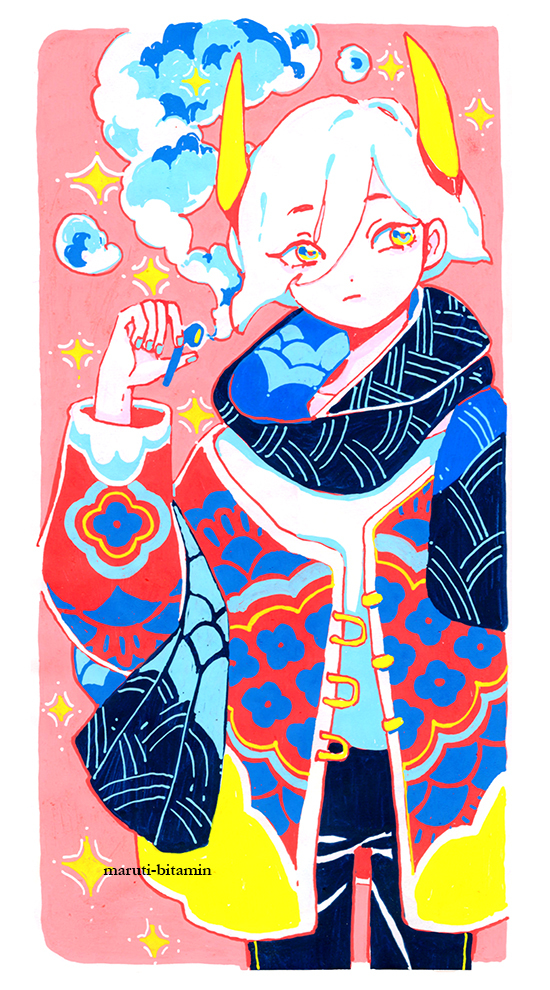 1girl, :/, androgynous, blue_eyes, blue_jacket, blue_nails, blue_pants, blue_scarf, border, colored_smoke, cowboy_shot, demon_girl, denim, earphones, earphones, eyes_visible_through_hair, hand_in_pocket, horns, jacket, jeans, looking_at_viewer, marker_(medium), maruti_bitamin, medium_hair, multicolored_clothes, multicolored_jacket, music, original, outline, pale_skin, pants, pink_background, print_jacket, print_scarf, red_jacket, red_outline, removing_earbuds, scarf, shirt, smoke, solo, sparkle, traditional_media, triadic_colors, white_border, white_hair, white_shirt, white_trim, yellow_eyes, yellow_horns, yellow_jacket