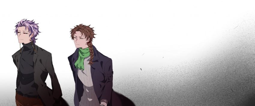 2boys, belt, black_belt, black_jacket, black_sweater, braid, brown_pants, closed_eyes, closed_mouth, commentary_request, green_scarf, grey_sweater, harada_minoru, jacket, male_focus, multicolored_hair, multiple_boys, open_clothes, open_jacket, pants, parted_bangs, pink_hair, purple_hair, red_eyes, ribbed_sweater, saibou_shinkyoku, scar, scar_on_face, scar_on_forehead, scarf, shinonogi, short_hair, side_braid, single_braid, smile, sweater, theodore_riddle, turtleneck, turtleneck_sweater, two-tone_hair