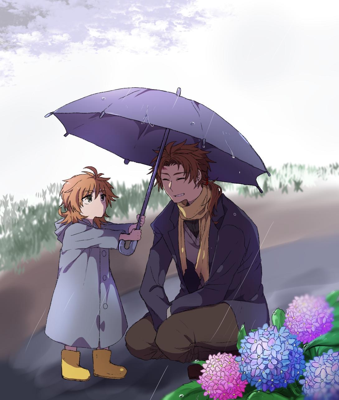 2boys, black_jacket, black_shirt, blue_flower, blue_raincoat, boots, brown_hair, brown_pants