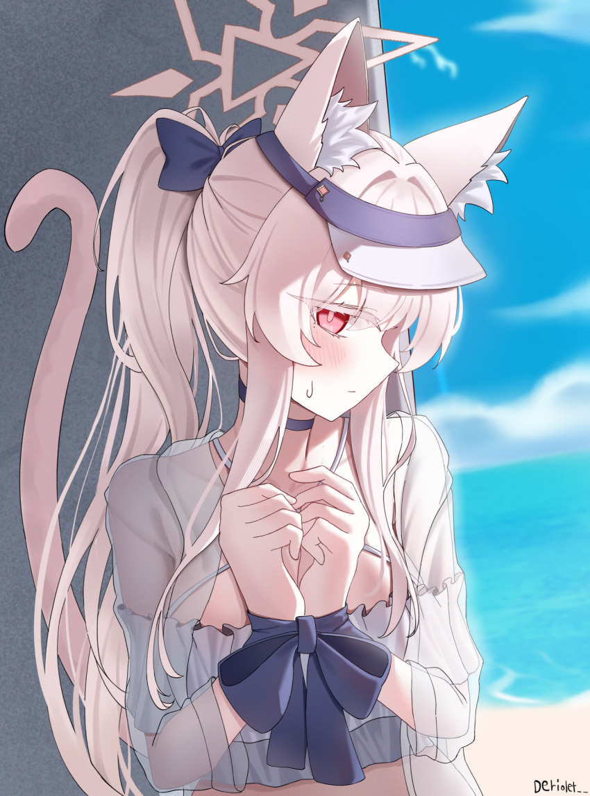 1girl, akira_(blue_archive), animal_ears, beach, bikini, blue_archive, blue_choker, blush