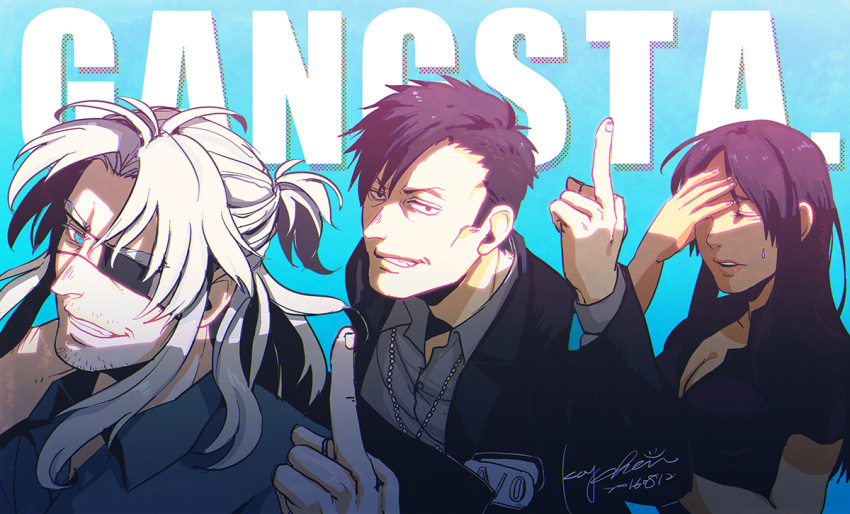 1girl, 2boys, alex_benedetto, black_dress, black_eyes, black_hair, black_jacket, black_shirt