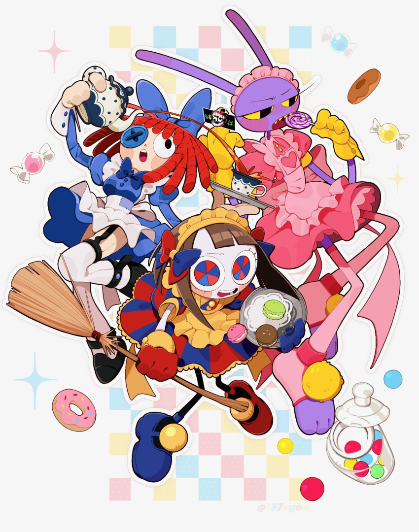 137syou, 1boy, 2girls, alternate_costume, annoyed, apron, arm_up, asymmetrical_gloves, asymmetrical_legwear, black_socks, blue_bow, blue_dress, blue_eyes, blue_gloves, blunt_bangs, blush, bow, broom, brown_hair, button_eyes, buttons, caine_(the_amazing_digital_circus), candy, censored, colored_sclera, commentary, crossdressing, doll, doughnut, dress, eating, enmaided, floating, food, full_body, furry, furry_male, garter_belt, gloves, hair_bow, heart, highres, holding, holding_broom, holding_candy, holding_food, holding_lollipop, holding_plate, holding_teapot, jax_(the_amazing_digital_circus), juliet_sleeves, kneehighs, lollipop, long_sleeves, looking_at_another, looking_to_the_side, macaron, maid, maid_headdress, middle_finger, multicolored_clothes, multicolored_dress, multicolored_eyes, multiple_girls, open_mouth, patch, pink_apron, pink_bow, pink_dress, pink_socks, plate, pomni_(the_amazing_digital_circus), pouring, puffy_short_sleeves, puffy_sleeves, rabbit_boy, ragatha_(the_amazing_digital_circus), red_dress, red_eyes, red_gloves, redhead, sharp_teeth, short_hair, short_sleeves, simple_background, socks, sprinkles, surprised, tea, teapot, teeth, the_amazing_digital_circus, triangle_nose, white_background, white_socks, yellow_apron, yellow_gloves, yellow_sclera, yellow_teeth
