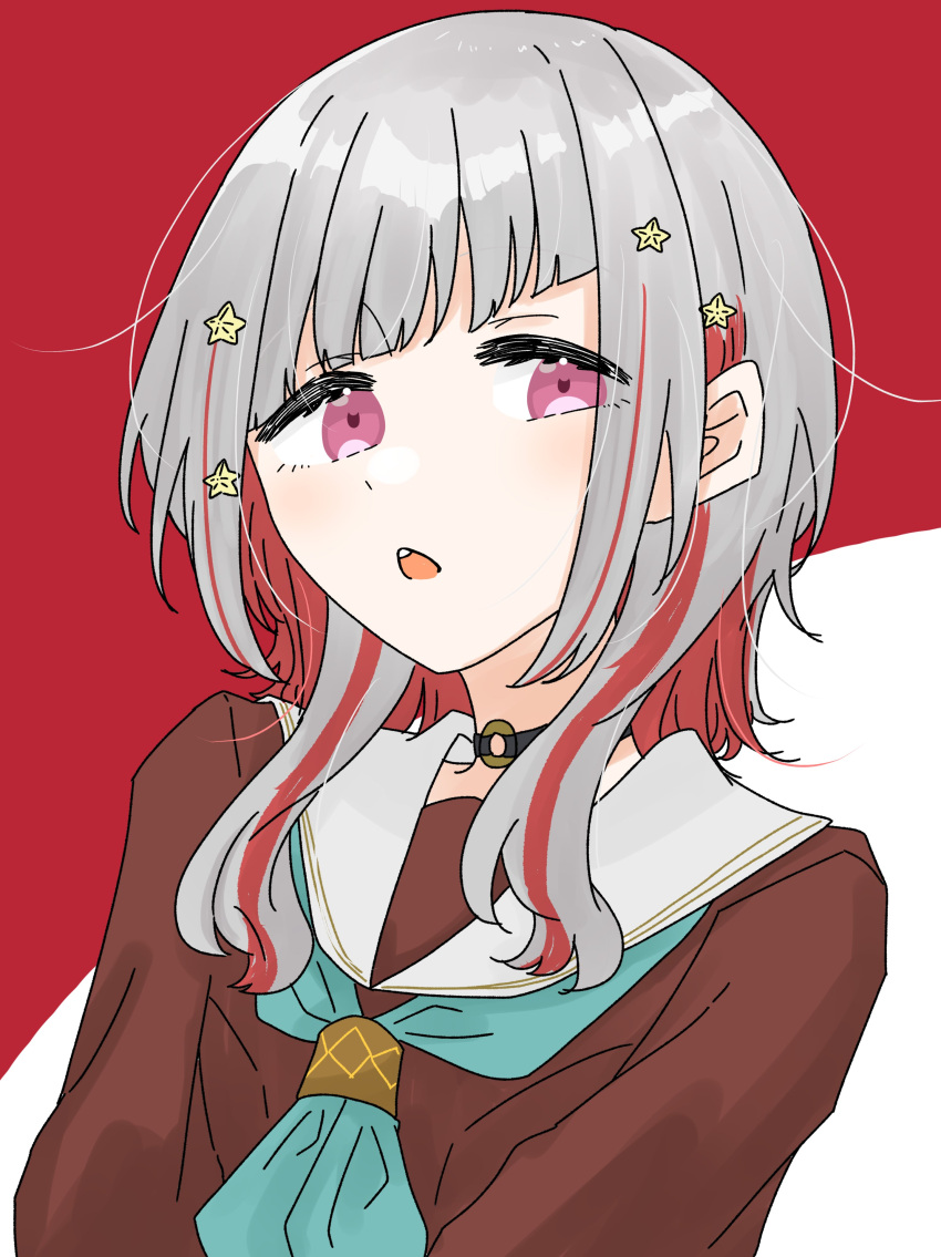 1girl, absurdres, alternate_hair_length, alternate_hairstyle, aqua_neckerchief, black_choker, brown_dress, chestnut_mouth