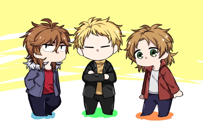 3boys, =_=, atou_haruki, black_jacket, black_pants, blonde_hair, blue_jacket, blue_pants