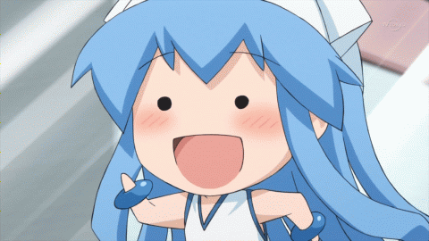 :d, blue_hair, cap, chibi, gif, ikamusume, mini-ikamusume, running