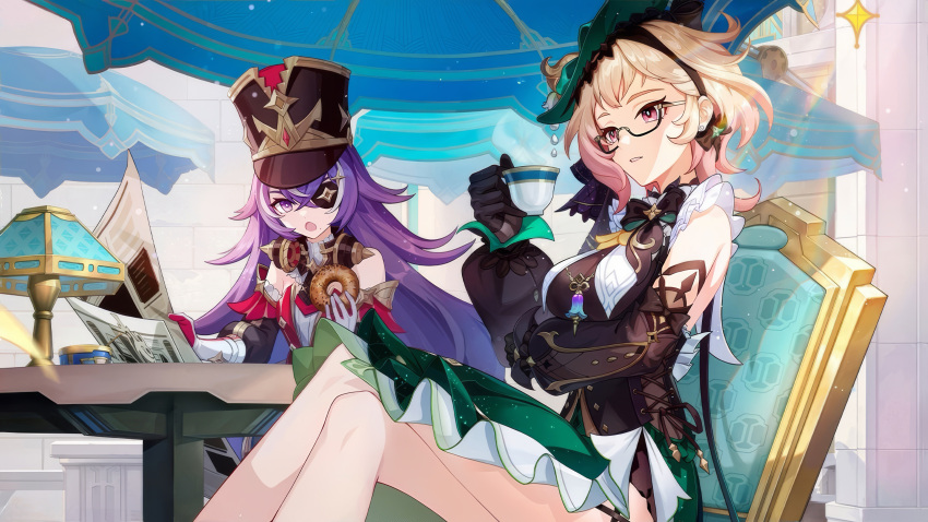 2girls, absurdres, bare_shoulders, black_gloves, blonde_hair, bow, bowtie, breasts