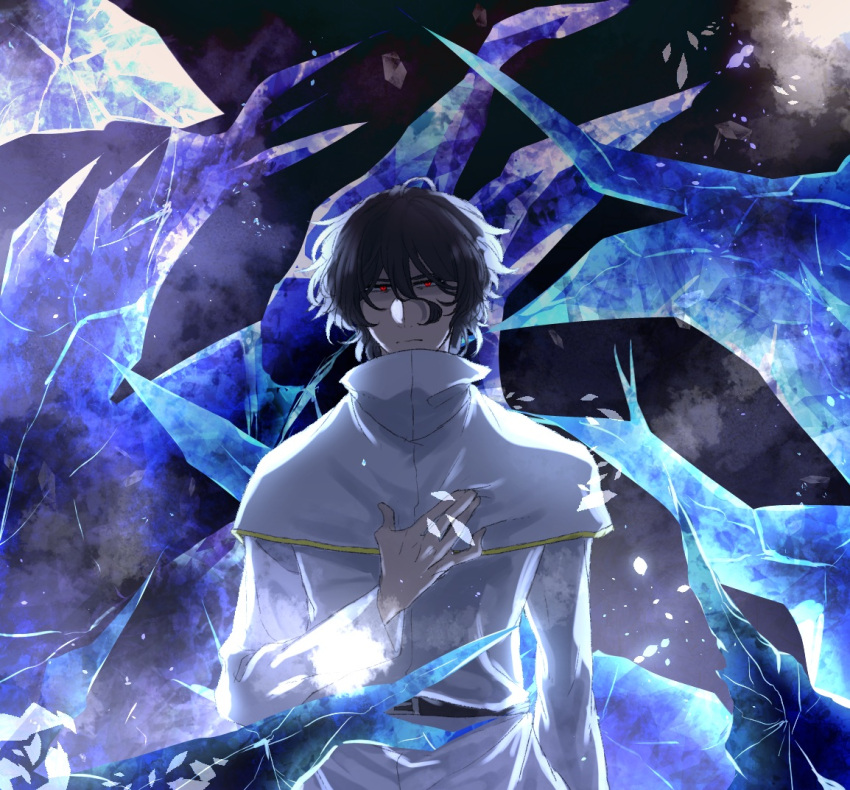 1boy, belt, black_belt, black_hair, capelet, commentary_request, gold_trim, hair_between_eyes