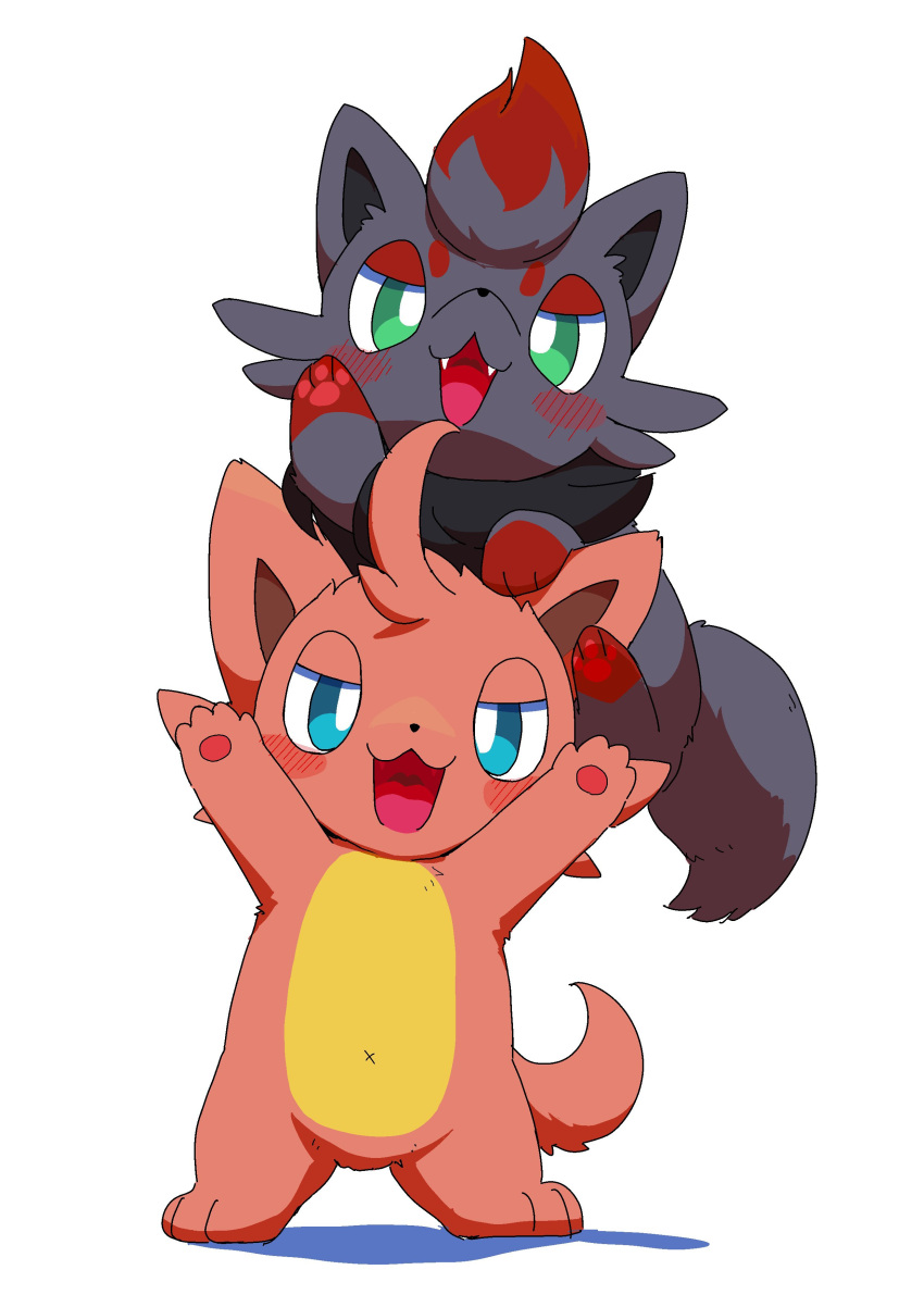 :3, :d, absurdres, animal_focus, arm_up, arms_up, blue_eyes, blush_stickers, bright_pupils, cattiva, green_eyes, half-closed_eyes, highres, jaggy_lines, looking_at_viewer, navel, no_humans, on_head, on_hind_legs, open_hand, open_hands, open_mouth, pal_(creature), palworld, pokemon, pokemon_(creature), shadow, simple_background, smile, standing, straight-on, thematy, white_background, white_pupils, x_navel, zorua