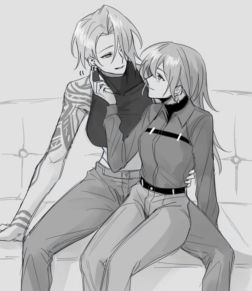 2girls, arm_tattoo, chest_strap, chief_(path_to_nowhere), closed_mouth, collared_shirt, commentary_request, couch