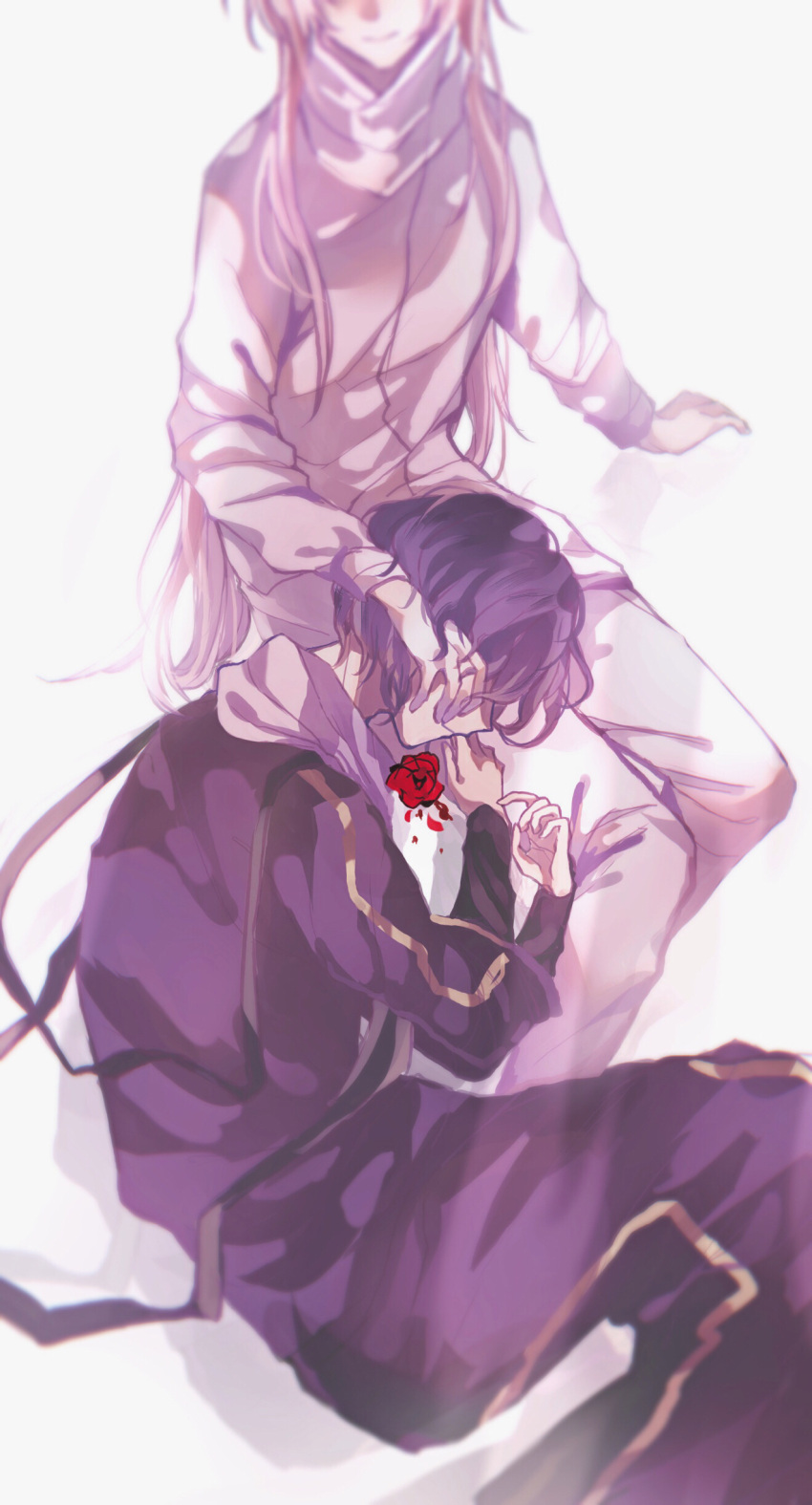 2boys, absurdres, chinese_commentary, coat, commentary_request, flower, gold_trim, hand_on_another's_head