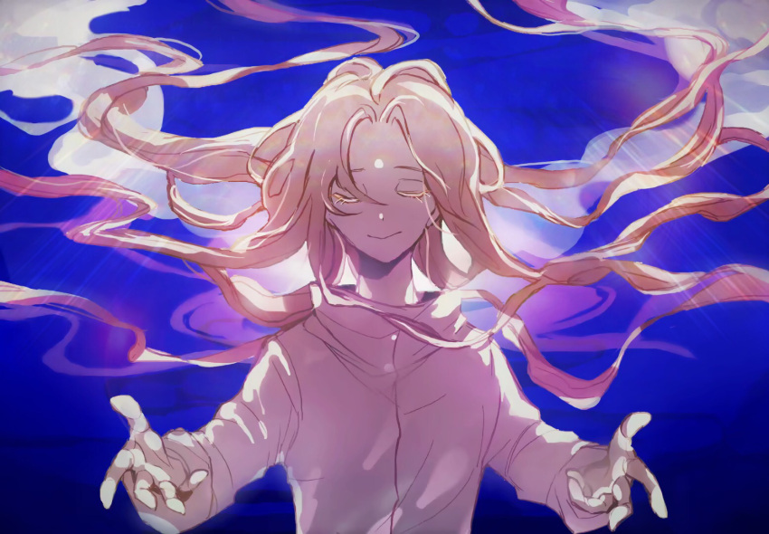 1boy, blue_sky, chinese_commentary, closed_eyes, closed_mouth, commentary_request, facing_viewer, floating_hair
