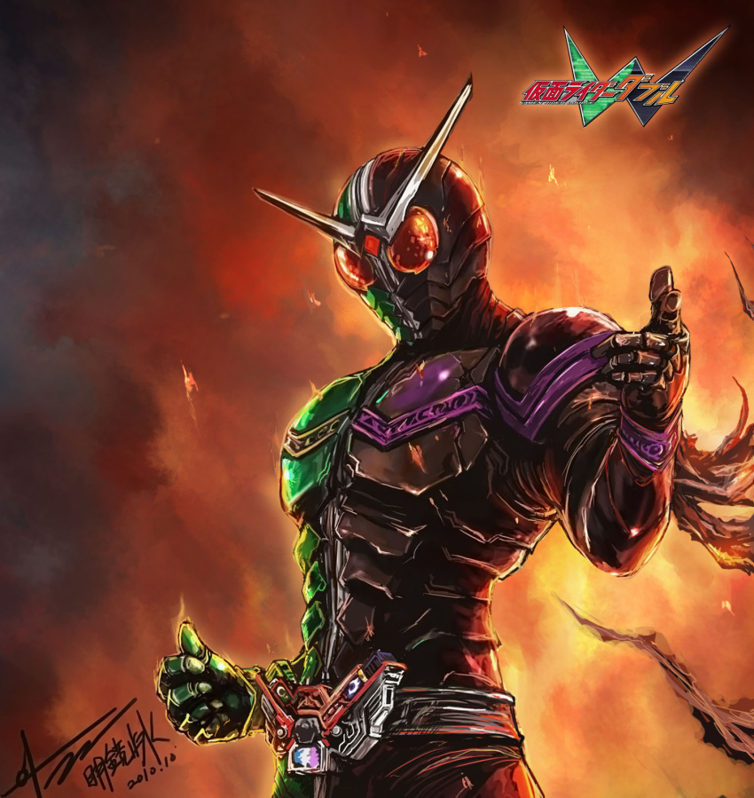 belt, fire, highres, jay_b_lee, kamen_rider, kamen_rider_double, kamen_rider_w
