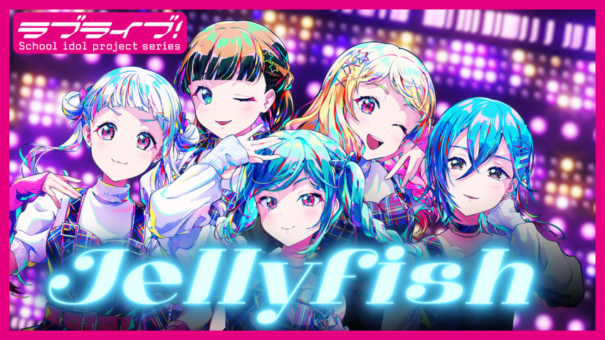 5girls, 5yncri5e!_(love_live!), :3, ;d, aqua_hair, arashi_chisato, arched_bangs, arm_up