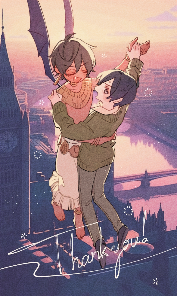 2boys, barefoot, bartimaeus, bartimaeus_(character), black_hair, closed_eyes, colored_skin, demon, demon_boy, demon_wings, floating, holding_hands, john_mandrake, london, male_focus, multiple_boys, red_skin, short_hair, smile, sweater, toshiki_(joli), wings