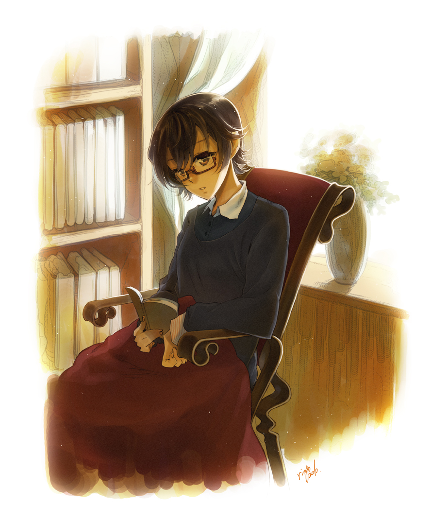 1girl, blanket, book, bookshelf, brown-framed_glasses, brown_eyes, brown_hair, chair