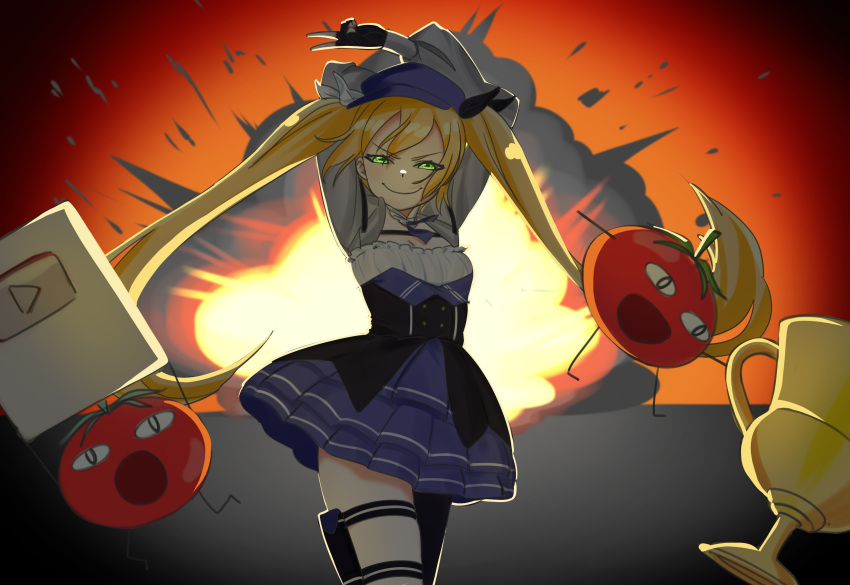 1girl, absurdres, arms_up, blonde_hair, blue_hat, blue_skirt, breasts, brown_background