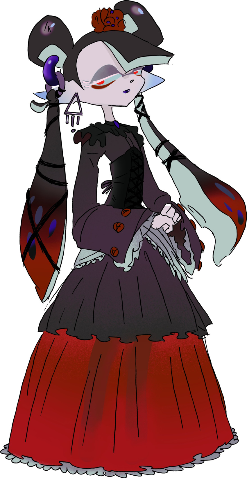 1girl, absurdres, blue_lips, domino_mask, earrings, frills, full_body, half-closed_eyes, highres, jessika_(splatoon), jewelry, leixo_demo, long_hair, long_sleeves, mask, pointy_ears, red_eyes, simple_background, solo, splatoon_(series), splatoon_3, standing, tentacle_hair, twintails, very_long_hair, white_background, wide_sleeves