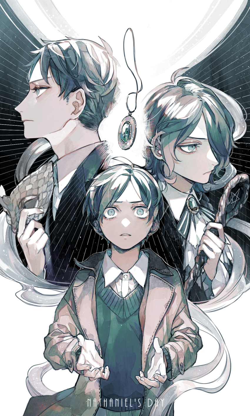 3boys, age_progression, aged_down, aged_up, bartimaeus, black_hair, blue_eyes, hair_over_one_eye