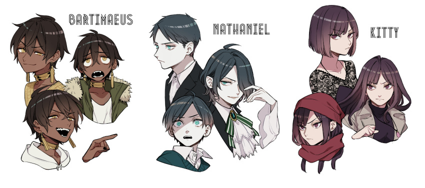 1girl, 2boys, age_progression, bartimaeus, bartimaeus_(character), black_hair, blue_eyes, blunt_bangs