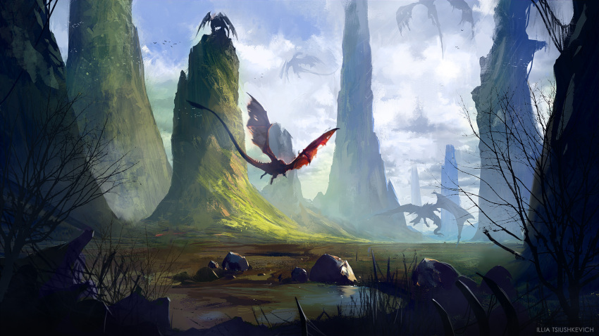 artist_name, bare_tree, blue_sky, clouds, cloudy_sky, day, dragon, fantasy