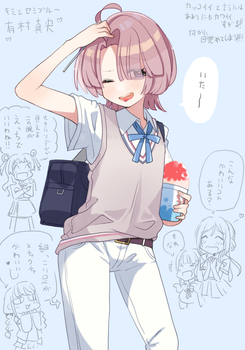 5girls, arimura_mao, asymmetrical_bangs, blue_ribbon, commentary_request, fujita_kotone, gakuen_idolmaster, hanami_saki