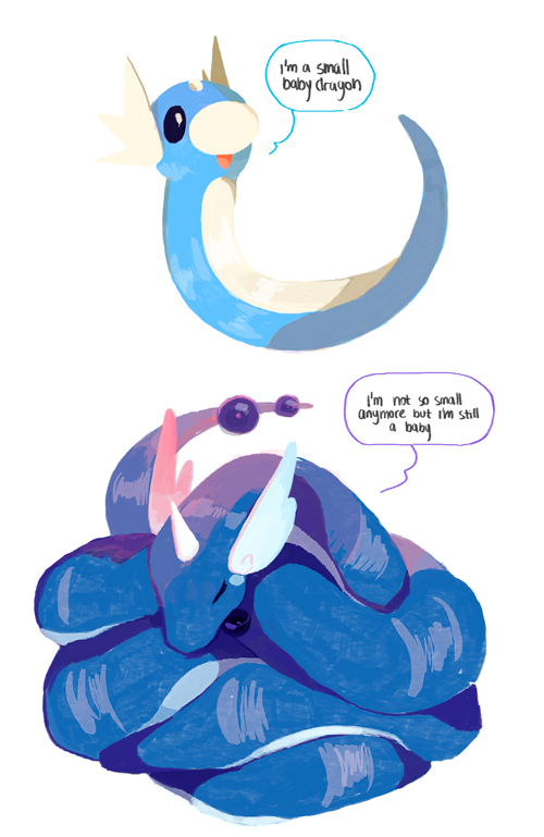 animal_focus, bead_tail_ornament, black_eyes, closed_eyes, closed_mouth, coiled, commentary, curled_up, dragon, dragonair, dratini, english_commentary, english_text, evolutionary_line, full_body, head_wings, horns, no_humans, open_mouth, papaparah, pokemon, pokemon_(creature), simple_background, single_horn, speech_bubble, white_background, wings