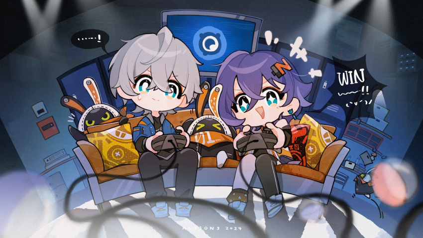 +++, ...!, 1boy, 1girl, aixixixixi, bangboo_(zenless_zone_zero), belle_(zenless_zone_zero), black_footwear, black_thighhighs, brother_and_sister, chibi, closed_mouth, controller, couch, crossed_bangs, english_text, fairy_(zenless_zone_zero), game_controller, grey_hair, hair_between_eyes, hair_ornament, highres, holding, holding_controller, holding_game_controller, indoors, jacket, open_mouth, pants, playing_games, purple_hair, shoes, short_hair, siblings, single_thighhigh, sitting, sweat, thigh-highs, wise_(zenless_zone_zero), zenless_zone_zero