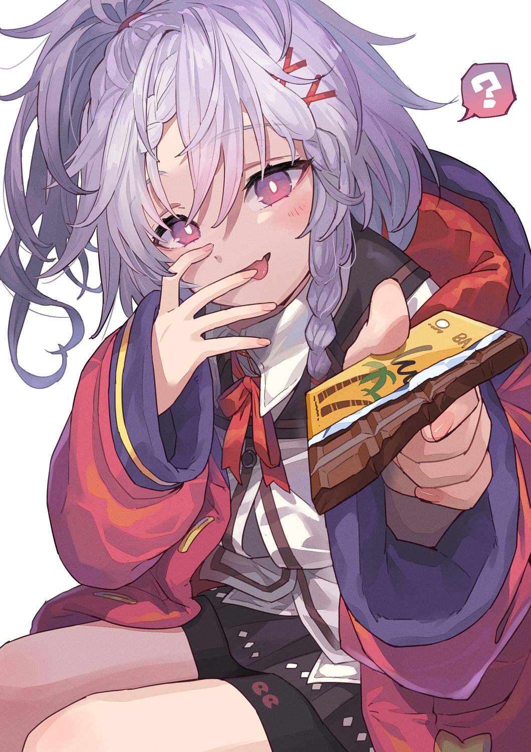 1girl, ?, braid, candy, chocolate, chocolate_bar, collared_shirt, fang, food, giving_food, hair_between_eyes, highres, jacket, medium_hair, narumi_arata, original, purple_hair, shirt, simple_background, skin_fang, solo, speech_bubble, spoken_question_mark, tongue, tongue_out, tsugumi_taro, violet_eyes, white_background