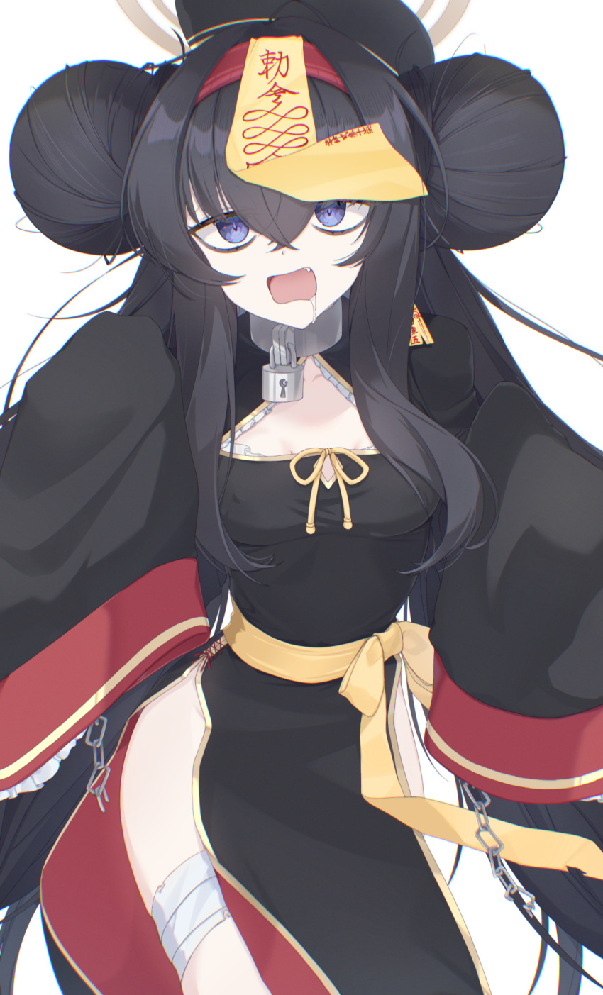 ahoge, alternate_costume, alternate_hairstyle, black_dress, black_hair, blue_archive, blue_eyes, chinese_clothes