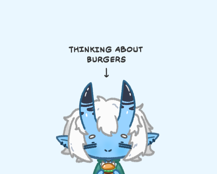 1girl, =_=, arrow_(symbol), blue_skin, burger, chibi, chibi_only, closed_eyes, closed_mouth, colored_skin, commentary, ear_piercing, english_text, food, green_jacket, hair_between_horns, hashtag-only_commentary, holding, holding_burger, holding_food, horns, jacket, oni, piercing, pointy_ears, short_eyebrows, short_hair, sidelocks, skin-covered_horns, skyjacc, smile, solo, soukaku_(zenless_zone_zero), split_mouth, thick_eyebrows, upper_body, white_hair, zenless_zone_zero
