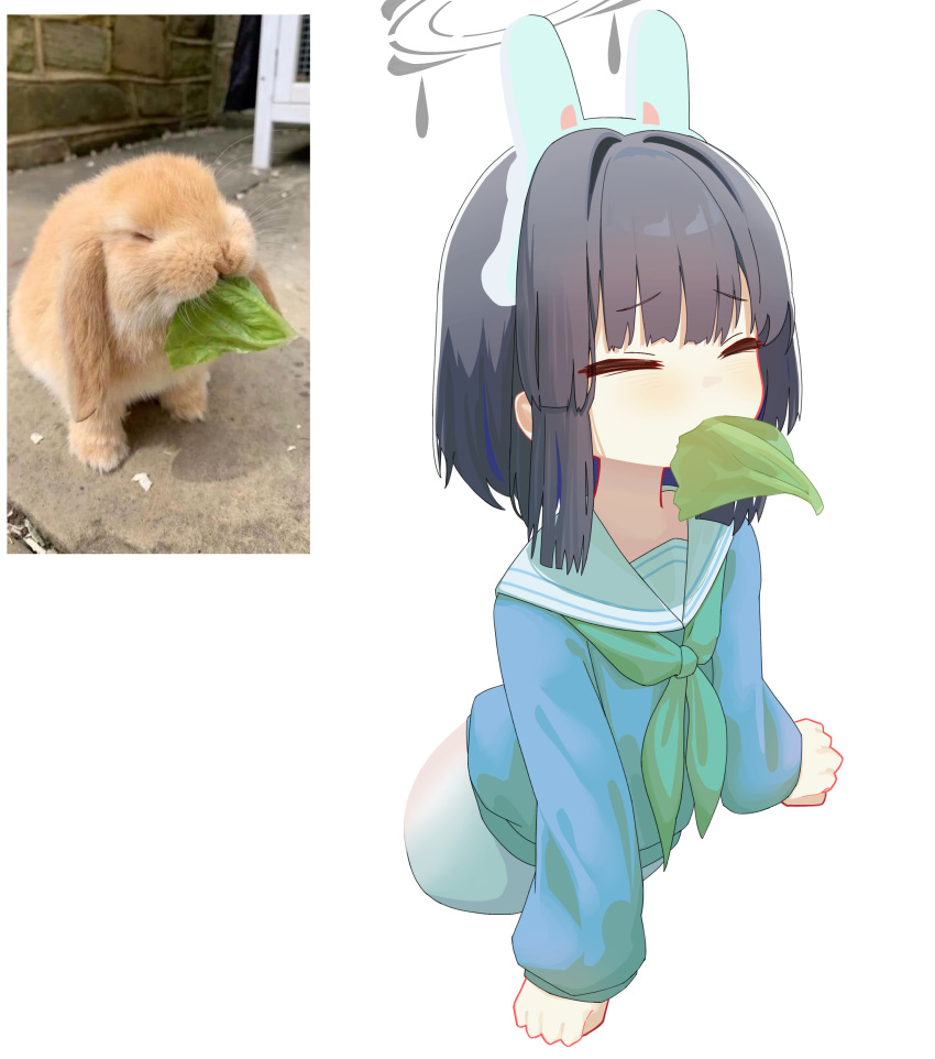 1girl, absurdres, animal_ears, black_hair, blue_archive, blue_serafuku, closed_eyes, dorusan_02, eating, fake_animal_ears, green_sailor_collar, grey_halo, halo, highres, miyu_(blue_archive), photo-referenced, photo_inset, rabbit_ears, sailor_collar, school_uniform, serafuku, simple_background, solo, white_background