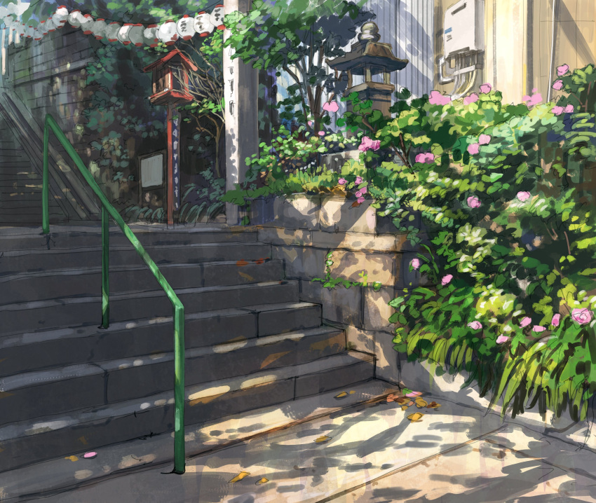 birdhouse, brick_wall, building, concrete, day, fern, flower, highres, moss, original, panel, pink_flower, railing, road, sanegesan, scenery, shadow, stairs, stone_lantern, street, sunlight, tree