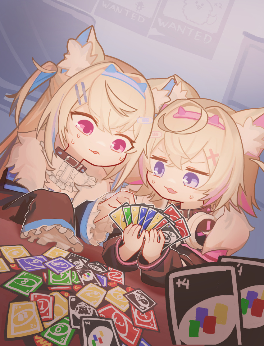 2girls, absurdres, animal_ears, belt_collar, blonde_hair, blue_hair, card, collar