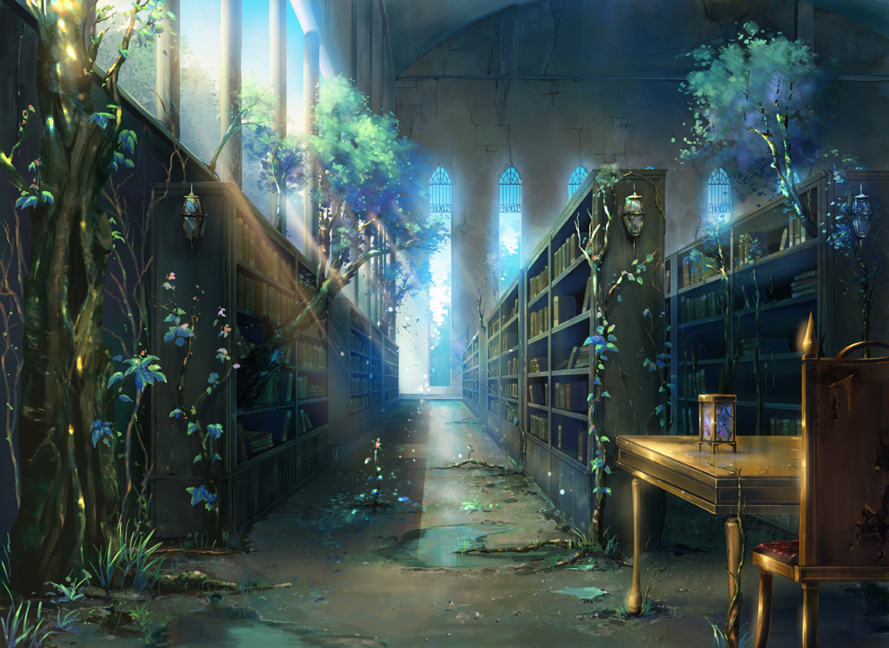 bookshelf, chair, gahakuna_kuroneko, library, no_humans, original, overgrown, ruins