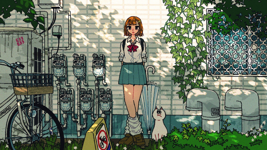 1girl, awakumo, backpack, bag, bicycle, bicycle_basket, cat, closed_umbrella