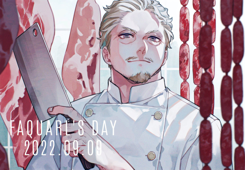 1boy, bartimaeus_(series), blonde_hair, facial_hair, faquarl, holding, holding_knife, knife