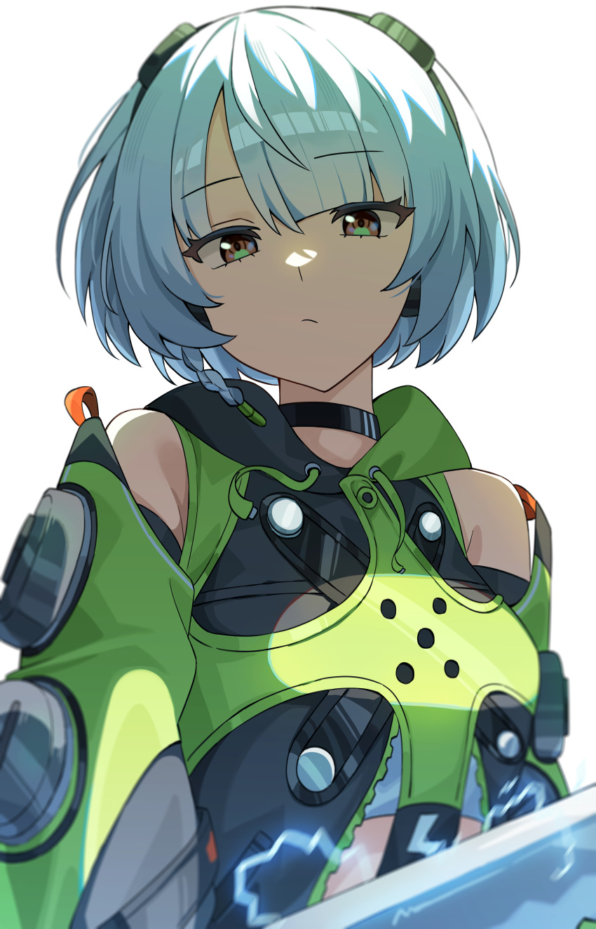 1girl, absurdres, anby_demara, black_choker, choker, closed_mouth, commentary, highres, katr5878, looking_at_viewer, short_hair, simple_background, solo, sword, upper_body, weapon, white_background, white_hair, white_undershirt, zenless_zone_zero