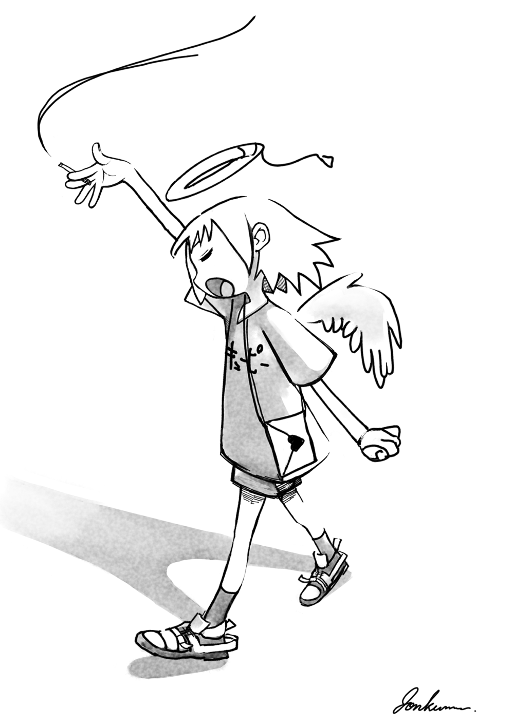 1girl, angel, angel_wings, arm_up, bob_cut, cigarette, closed_eyes, from_side