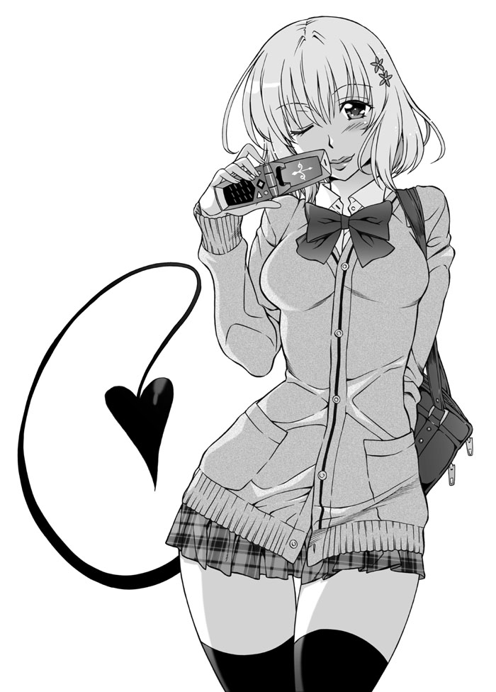 hanzaki_jiro, momo_velia_deviluke, monochrome, phone, plaid, skirt, tail, tartan, thigh-highs, thighhighs, to_love-ru, wink