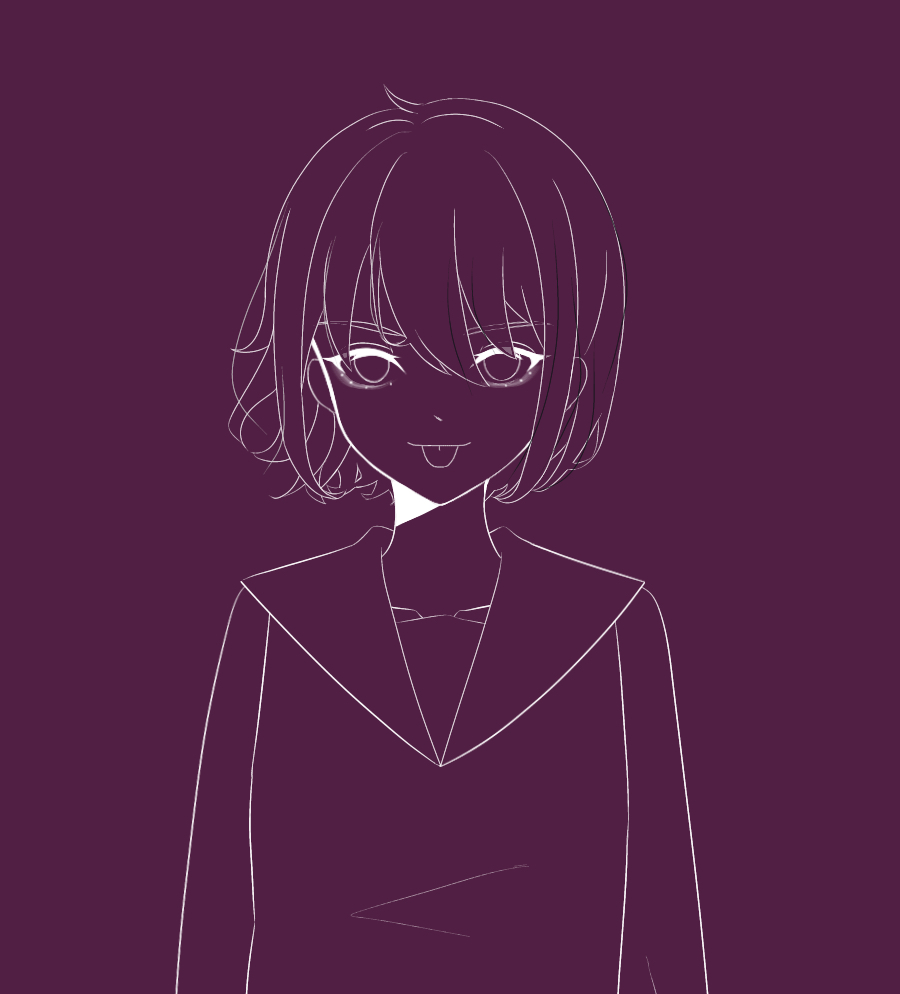 1girl, abstract_nonsense_(vocaloid), arms_at_sides, commentary_request, eyelashes, hair_between_eyes, kamui_ringo, long_sleeves, looking_at_viewer, monochrome, no_pupils, purple_theme, raku_(abstract_nonsense), sailor_collar, school_uniform, short_hair, solo, tongue, tongue_out, upper_body