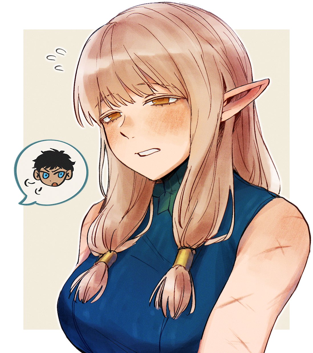 1boy, 1girl, black_hair, blonde_hair, blue_eyes, blush, border, breasts, chibi, chibi_inset, dark-skinned_male, dark_skin, dungeon_meshi, elf, gorget, hair_tubes, half-closed_eyes, highres, kabru, long_hair, low-tied_sidelocks, medium_breasts, milsiril_(dungeon_meshi), mother_and_son, multiple_scars, orange_eyes, pinnosuke, pointy_ears, scar, shirt, simple_background, sleeveless, upper_body, white_border, yellow_background