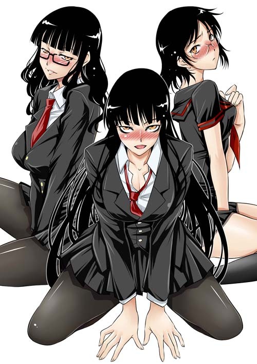 black_hair, blush, breasts, buchou_(houkago_play), cleavage, female_protagonist_(houkago_play), female_protagonist_(houkago_play_2), glasses, houkago_play, kneeling, long_hair, naughty_face, necktie, pantyhose, school_uniform, serafuku, very_long_hair, yellow_eyes
