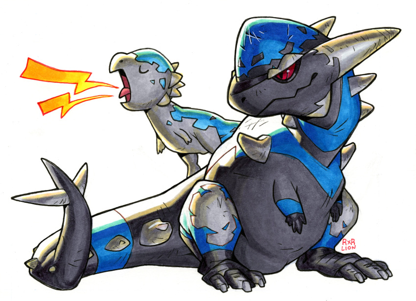 absurdres, artist_name, closed_eyes, cranidos, full_body, highres, no_humans, open_mouth
